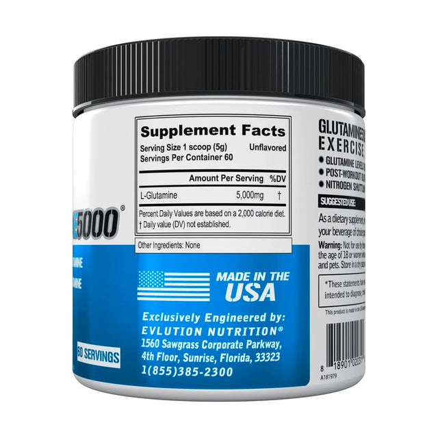 EVL GLUTAMINE 5000 | NUTRITION FACTS - UNFLAVOR | GYM SUPPLEMENTS U.S | GYMSUPPLEMENTSUS.COM