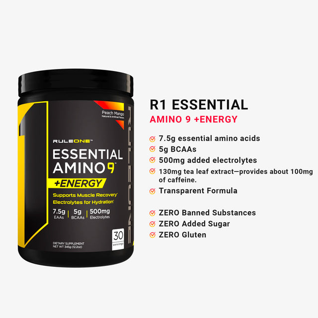 R1 ESSENTIAL AMINO 9 +ENERGY | PEACH-MANGO | GYM SUPPLEMENTS U.S