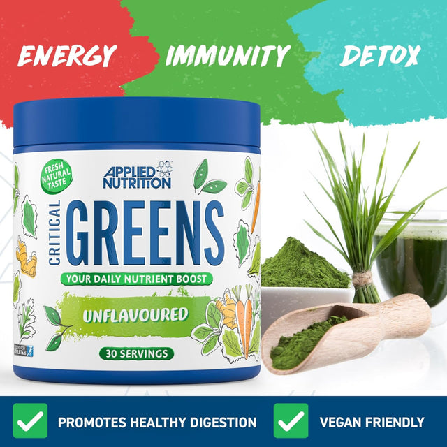 Applied Nutrition Critical Greens 150g unflavoured container with natural ingredients for energy, immunity, and detox.