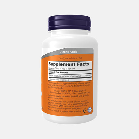 NOW Foods GABA 750 mg Nutrition Facts - Ingredients and Supplement Information | Gym Supplements U.S.