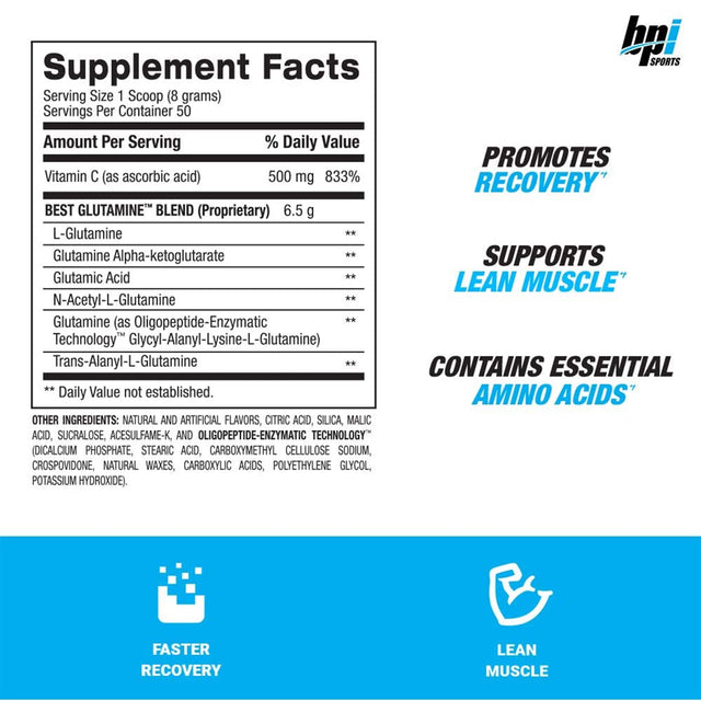 BPI SPORTS BEST GLUTAMINE | SNOW CONE FLAVOR | NUTRITION FACTS | GYM SUPPLEMENTS U.S