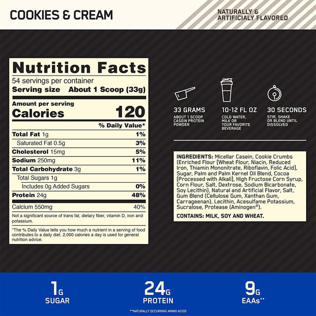 OPTIMUM NUTRITION CASEIN PROTEIN 4LBS | COOKIES & CREAM FLAVOR  NUTRITION FACTS | GYM SUPPLEMENTS U.S